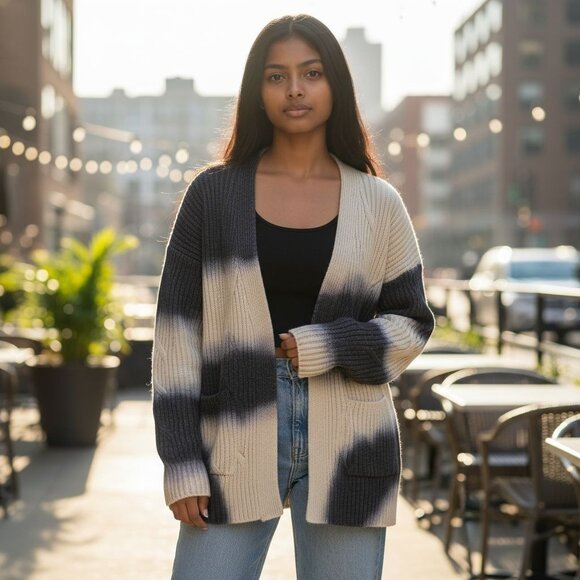 J.Jill Pure Jill Women's Cable Knit Cardigan Open Front Blue Ivory Tie-dye Large - Picture 5 of 16